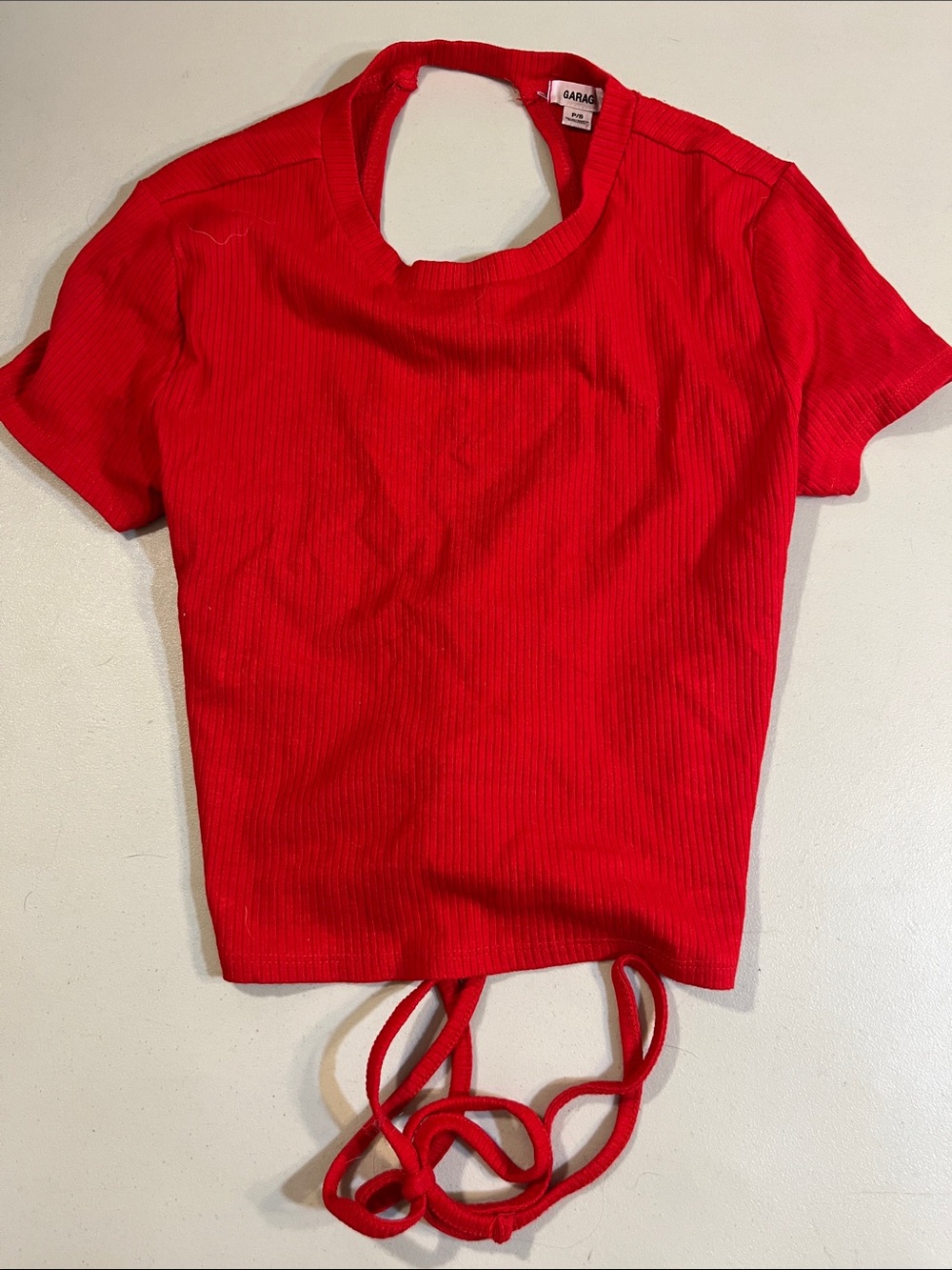 Garage Red Ribbed Short Sleeve Crop Top with Back Tie